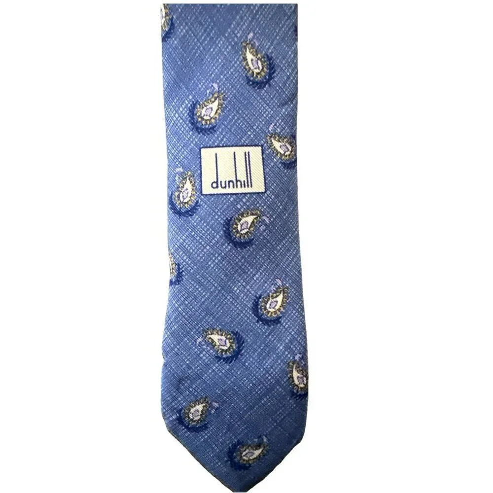 Dunhill Necktie Tie 100% Silk Classic 60” Blue Paisley Pattern Office Business - Picture 4 of 6